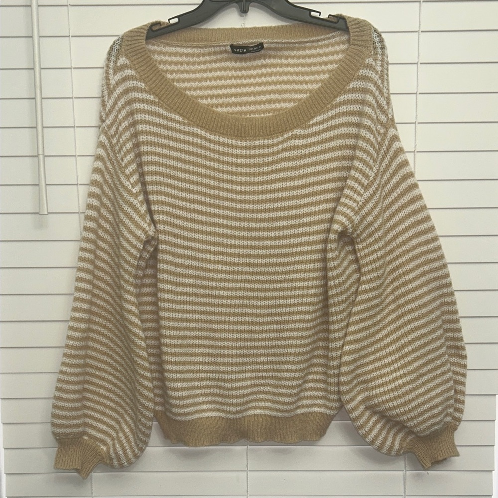 Cream and Tan Striped Scoop-Neck Balloon Sleeve Sweater